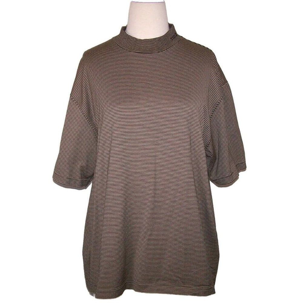 Izod XFG X-Tra Dry Shirt Top Womens XL Short Sleeve LOGO Black Beige Striped